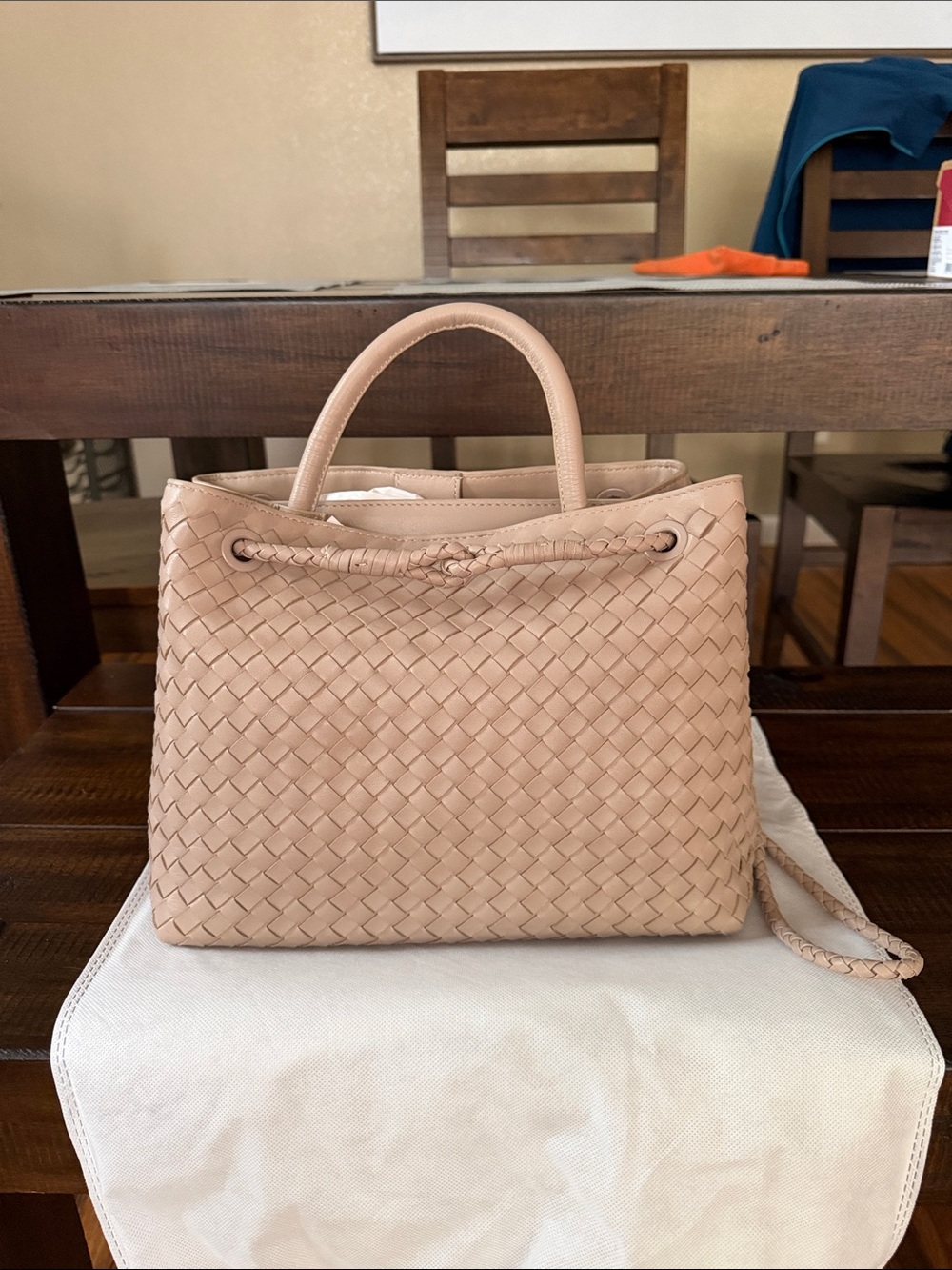 Quince Italian Leather Handwoven Large Satchel Taupe Brown